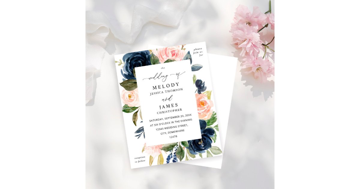 Budget Navy Blue & Blush Pink Floral Wedding | Zazzle