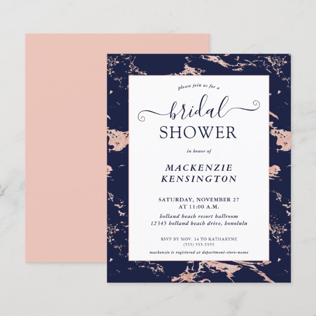 Budget Navy Blue Blush Pink Marble Bridal Shower (Front/Back)