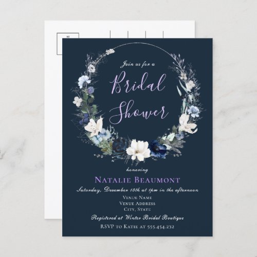 Budget Navy Blue Botanical Floral Bridal Shower Invitation Postcard