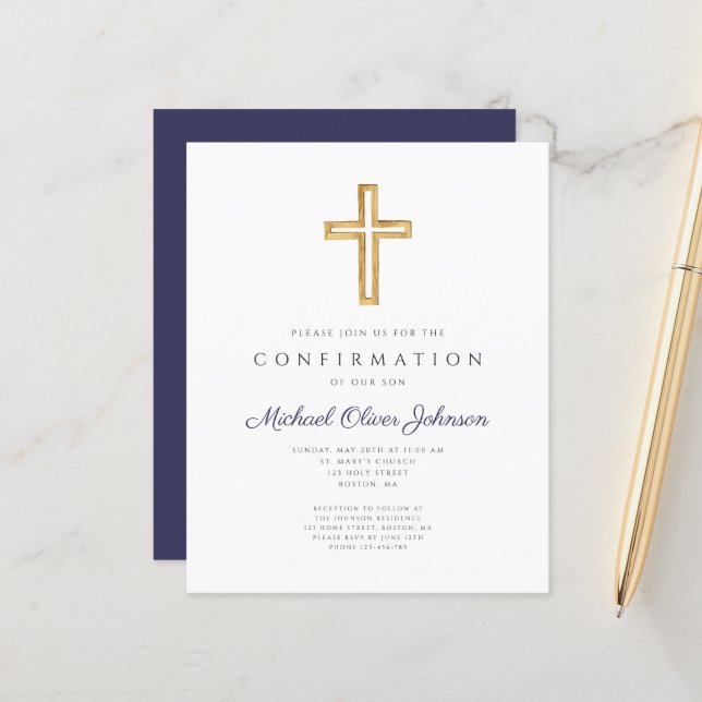 Budget Navy Blue Boy Confirmation Invitation (Front/Back In Situ)