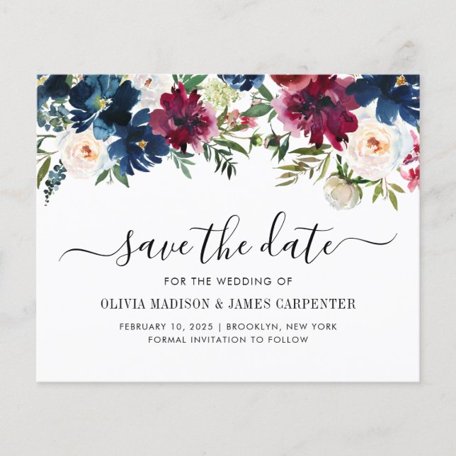 Budget Navy Blue Burgundy Red Floral Save the Date (Front)