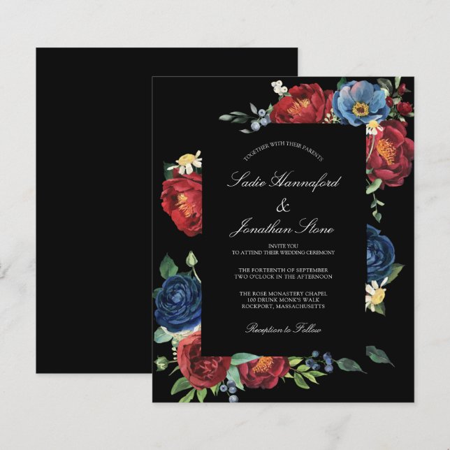 Budget Navy Blue Burgundy Red Wedding Invitation (Front/Back)