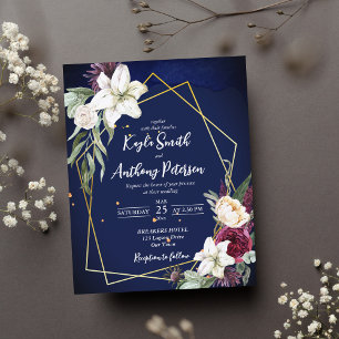 Budget navy blue burgundy roses wedding invite