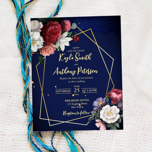 Budget navy blue burgundy roses wedding invite