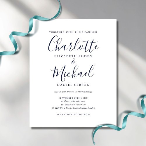 Budget Navy Blue Chic Script Wedding Invitation