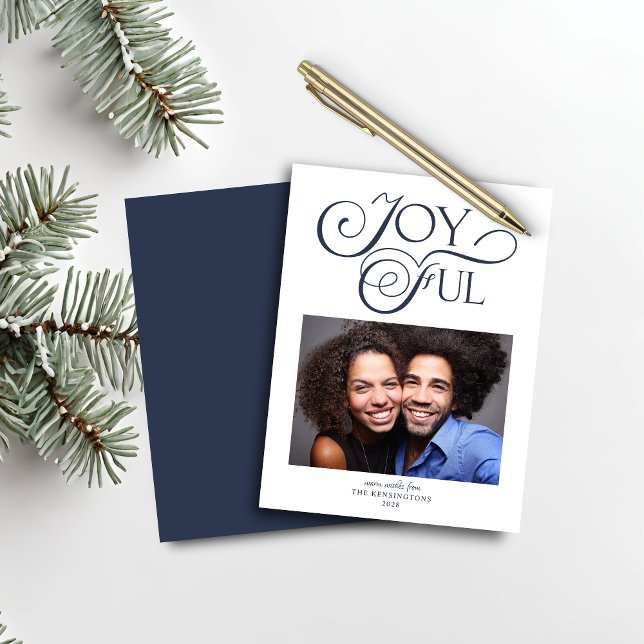 Budget Navy Blue Christmas Joyful Christmas Photo (Budget Navy Blue Christmas Joyful Christmas Photo Card)