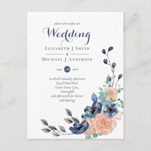 Budget Navy Blue Coral Floral Wedding Invites