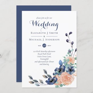 Navy Blue and Coral Wedding Invitation with Roses