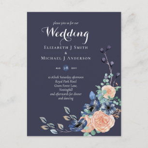 Budget Navy Blue Coral Floral Wedding Invites