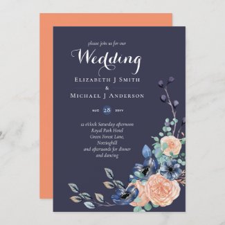 Navy and Coral Wedding Invitations with Florals