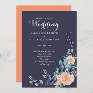 Budget Navy Blue Coral Floral Wedding Invites