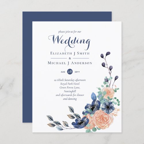 Budget Navy Blue Coral Floral Wedding Invites