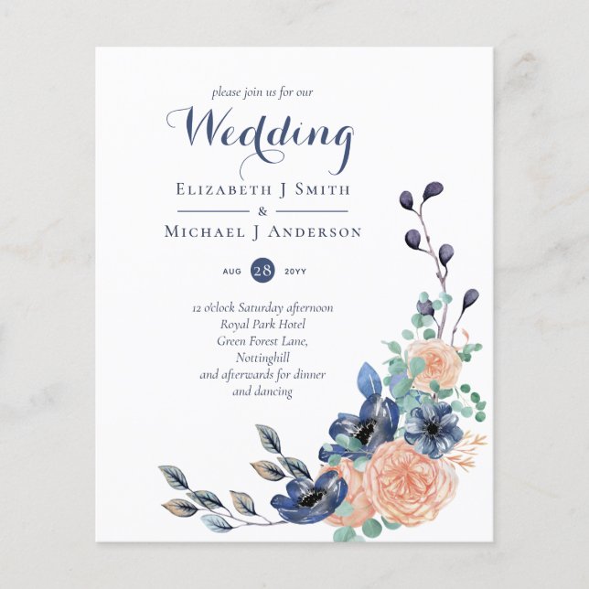 Budget Navy Blue Coral Floral Wedding Invites (Front)