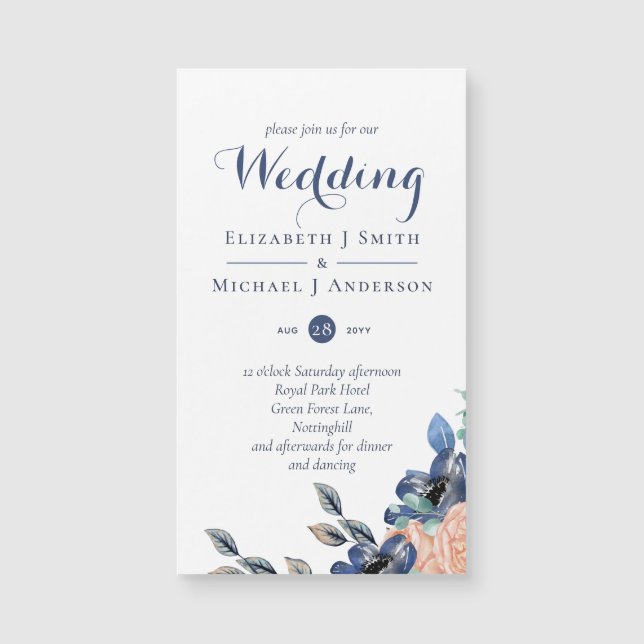 Budget Navy Blue Coral Floral Wedding Invites (Front)