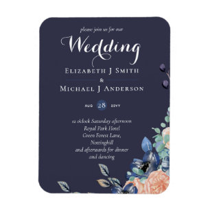Budget Navy Blue Coral Floral Wedding Invites Magnet
