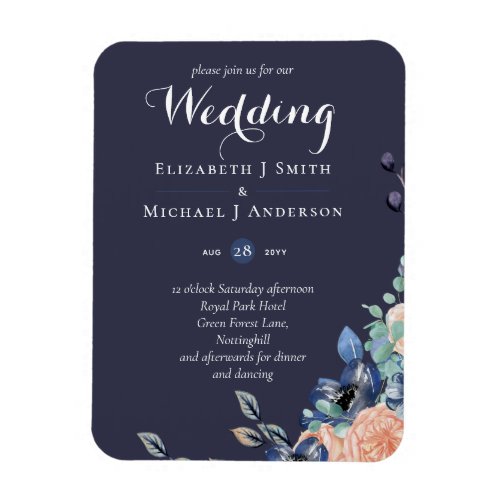 Budget Navy Blue Coral Floral Wedding Invites Magnet