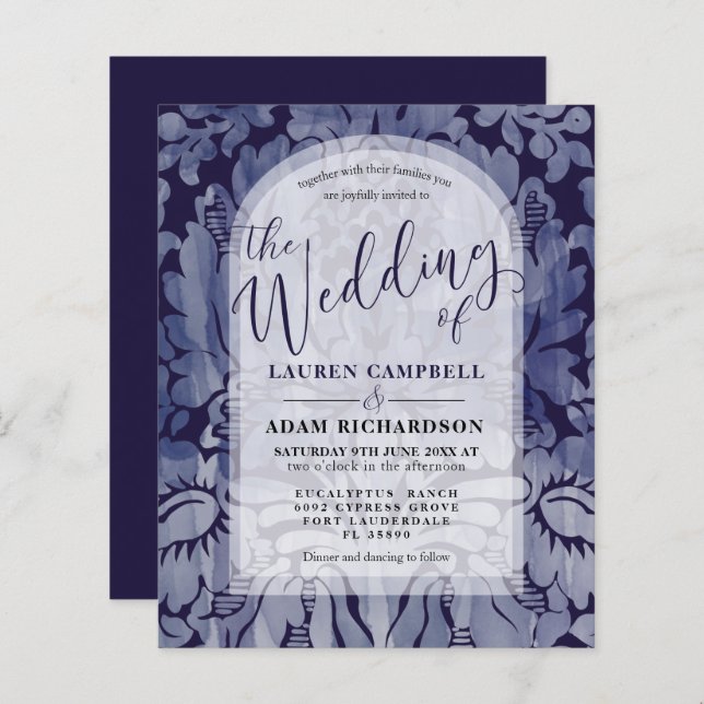 Budget Navy Blue Damask Arch Wedding Invitation (Front/Back)
