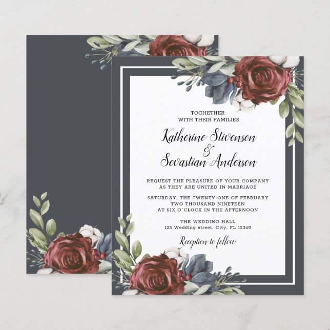 Budget Navy Blue Dark Moody Floral Wedding Flyer (Front/Back)