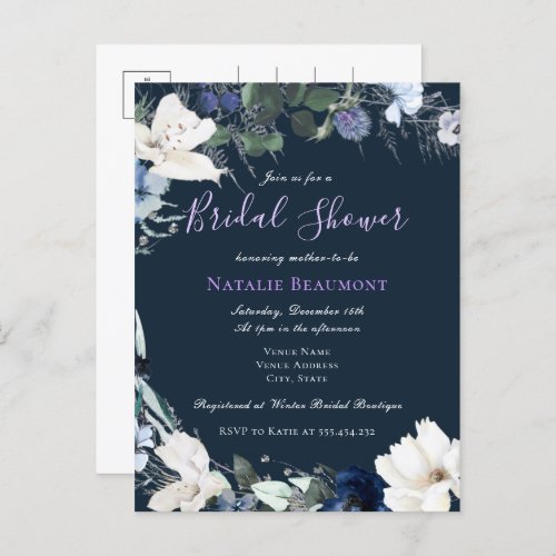 Budget Navy Blue Elegant Floral Bridal Shower Invitation Postcard