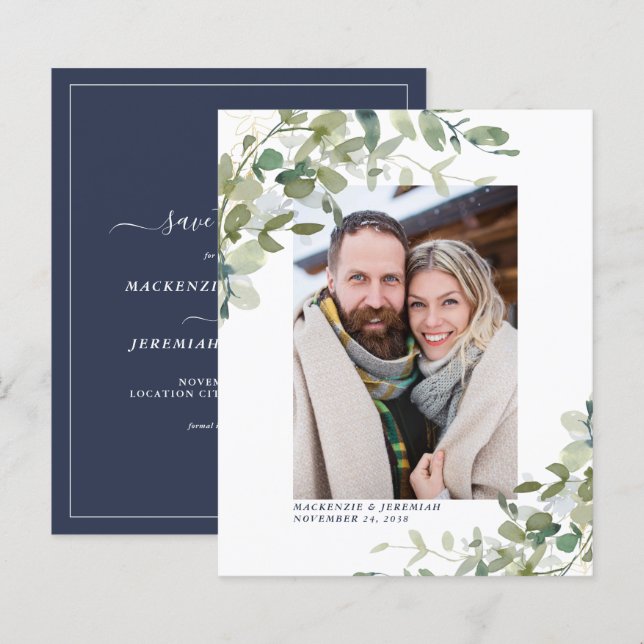 Budget Navy Blue Eucalyptus Photo Save the Date (Front/Back)