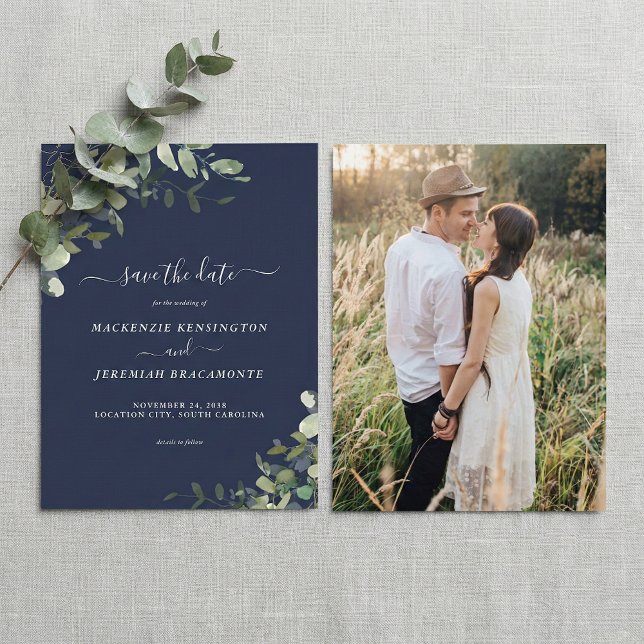 Budget Navy Blue Eucalyptus Photo Save the Date (Creator Uploaded)