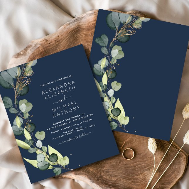 Budget Navy Blue Eucalyptus Wedding Invitations (Creator Uploaded)