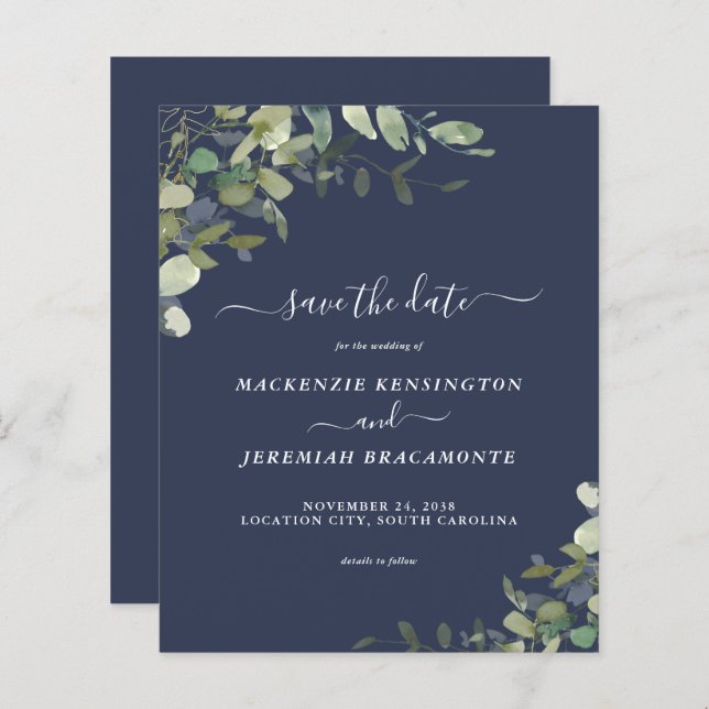 Budget Navy Blue Eucalyptus Wedding Save the Date (Front/Back)