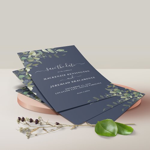 BUDGET Navy Blue Eucalyptus Wedding Save the Date Flyer