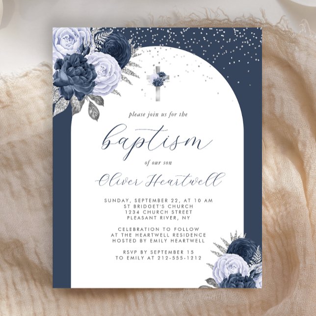 Budget Navy Blue Floral Arch Cross Boys Baptism (Creator Uploaded)