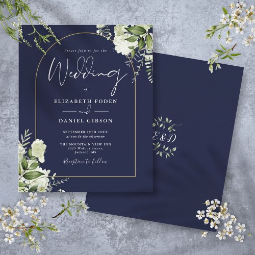 Budget Navy Blue Floral Gold Arch Wedding Invite