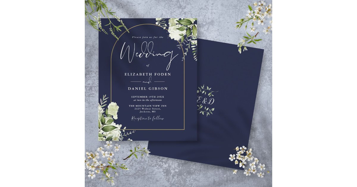 Budget Navy Blue Floral Gold Arch Wedding Invite | Zazzle