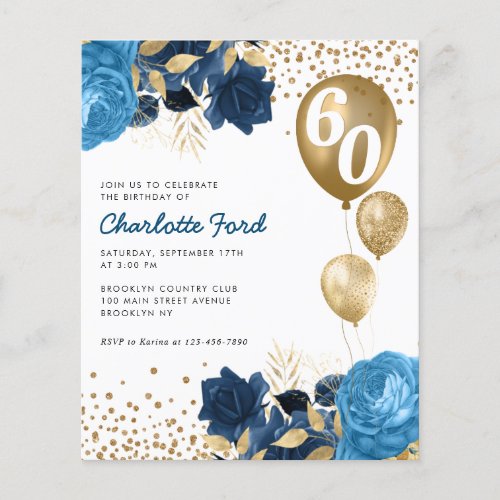 Budget Navy Blue Floral Gold Balloon Birthday