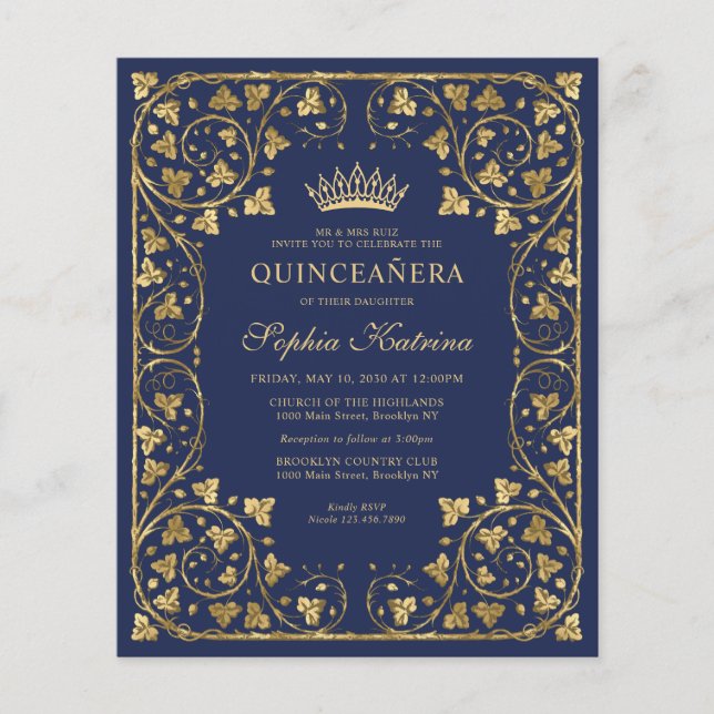 Budget Navy Blue Floral Gold Tiara Quinceanera (Front)