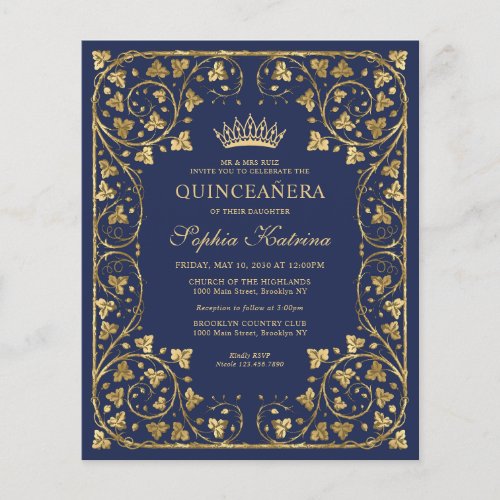 Budget Navy Blue Floral Gold Tiara Quinceanera