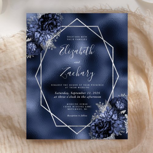 Budget Navy Blue Floral Silver Frame Foil Wedding