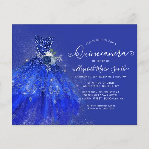 Budget Navy Blue Floral Silver Glitter Quinceanera