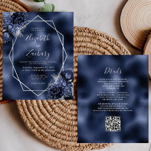 Budget Navy Blue Floral Silver QR Code Wedding