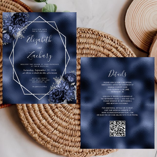 Budget Navy Blue Floral Silver QR Code Wedding (Creator Uploaded)