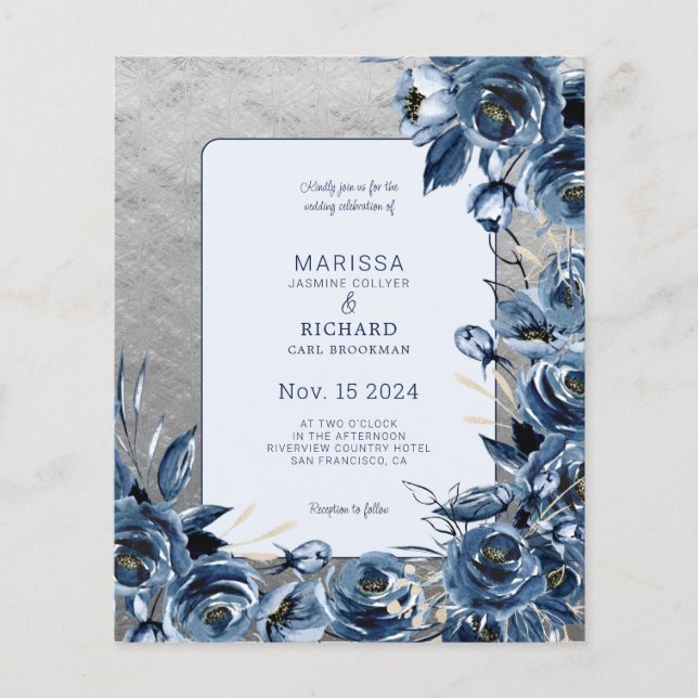 Budget Navy Blue Floral Silver Wedding Invitation (Front)