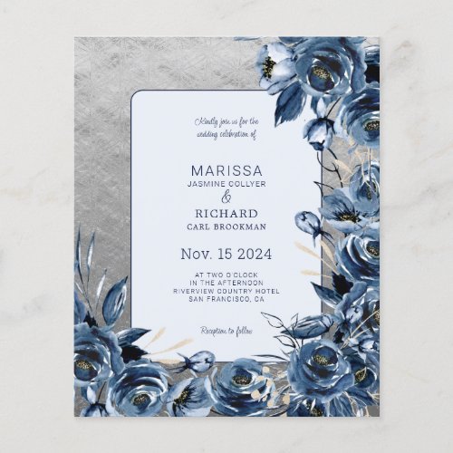 Budget Navy Blue Floral Silver Wedding Invitation