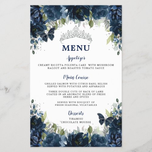Budget Navy Blue Floral Sweet 16 Quincea&#241;era Menu Flyer