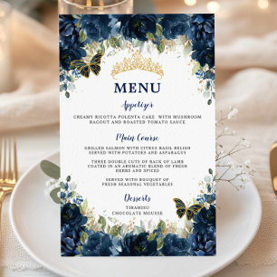 Budget Navy Blue Floral Sweet 16 Quinceañera Menu Flyer