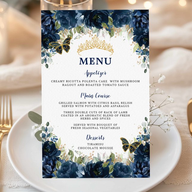 Budget Navy Blue Floral Sweet 16 Quinceañera Menu Flyer (navy-blue-floral-butterflies-gold-tiara-quinceanera-sweet-16-birthday-party-cheap-budget-menu-sheets)