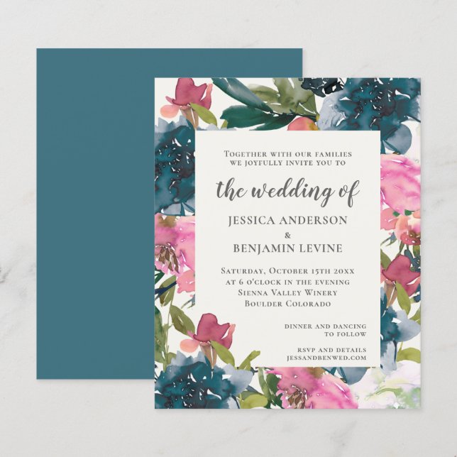 Budget Navy Blue Floral Watercolor Wedding Invite (Front/Back)