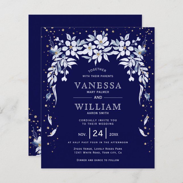 BUDGET navy blue floral wedding invitation        (Front/Back)