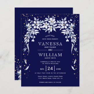 BUDGET navy blue floral wedding invitation