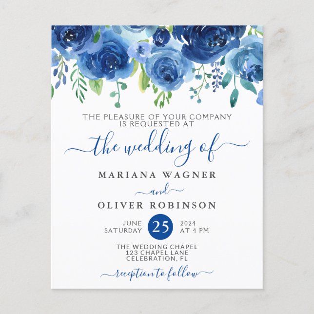 Budget Navy Blue Floral Wedding Invitation Flyer (Front)