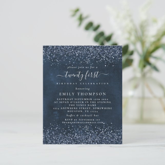 Budget Navy Blue Glitter Girly 21st Party Invite (Standing Front)