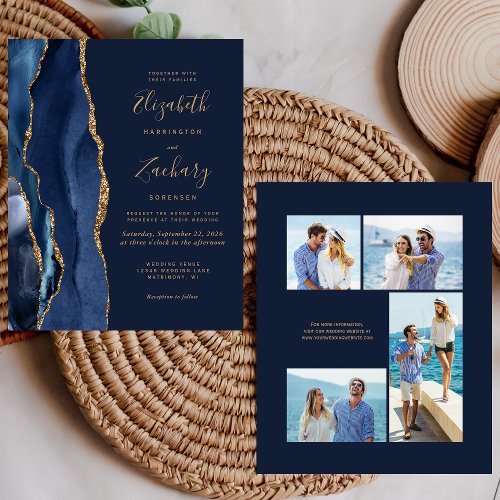 Budget Navy Blue Gold Agate 4_Photo Wedding Invite