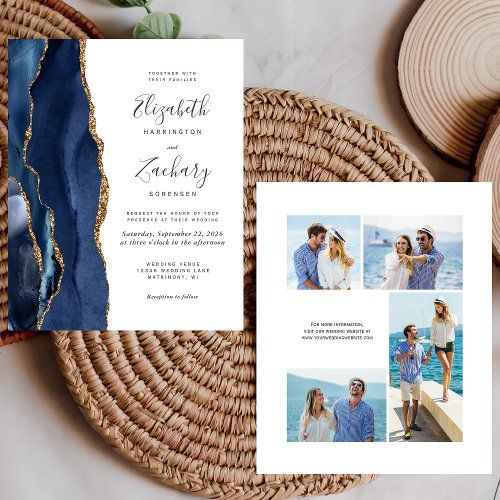 Budget Navy Blue Gold Agate 4_Photo Wedding Invite